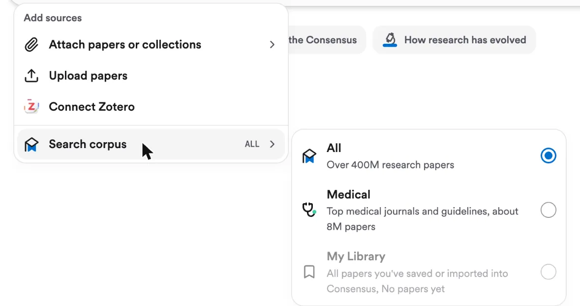 Consensusの入力欄の「＋」からSearch corpusを開いた画面。All（約4億本）・Medical（医学系の雑誌とガイドライン 約800万本）・My Libraryから選べる
