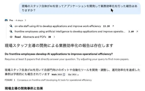 現場スタッフがAIでアプリを開発した報告を尋ねた結果。Consensus Meterの代わりに「Requires at least 5 papers that directly answer your question.」と表示されている