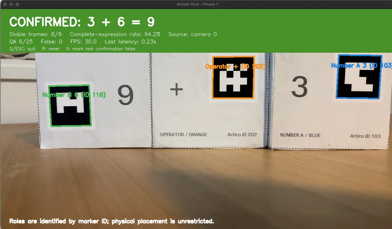 サイコロ3個をカメラで読み取り、3+6=9と式を表示している認識テスト画面