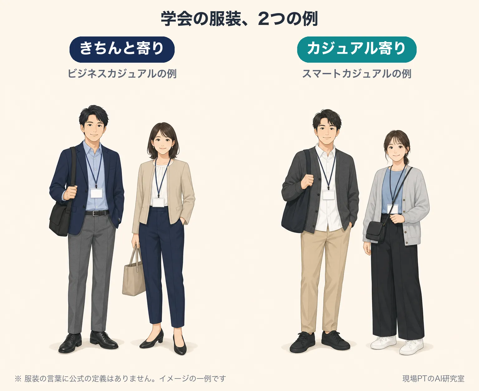 学会の服装の2つの例のイラスト。左は「きちんと寄り（ビジネスカジュアルの例）」で、男性はネイビーのジャケットに水色の襟つきシャツ、グレーのスラックス、黒の革靴。女性はベージュのノーカラージャケットに白のブラウス、ネイビーのパンツ、黒の低いパンプス。右は「カジュアル寄り（スマートカジュアルの例）」で、男性は濃いグレーのカーディガンに白シャツ、ベージュのチノパン、黒のスニーカー。女性は水色のニットにグレーのカーディガン、黒のワイドパンツ、白のスニーカー