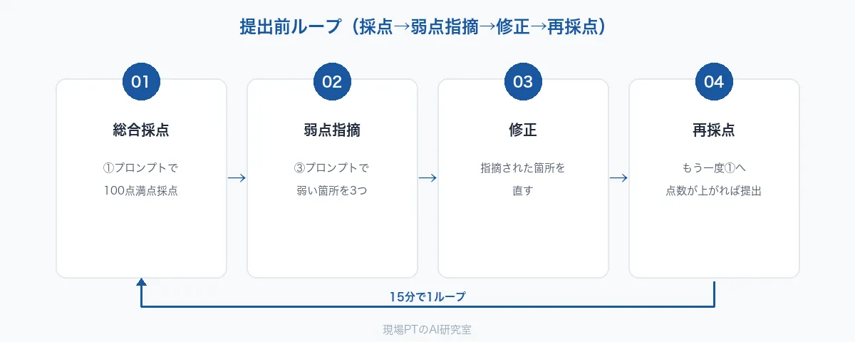 提出前ループ(採点→弱点指摘→修正→再採点)