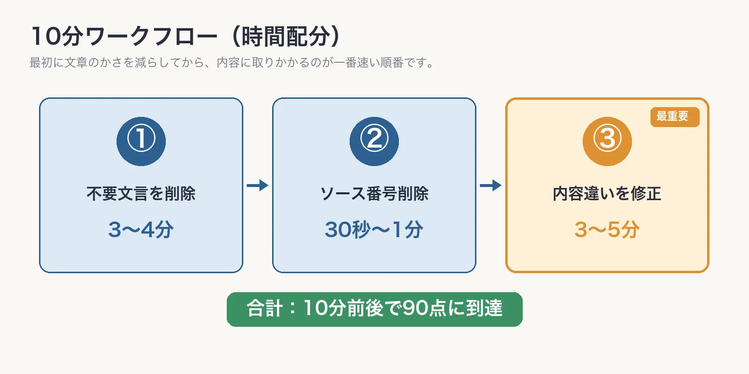 10分ワークフロー:① 不要文言削除 → ② ソース番号削除 → ③ 内容違い修正