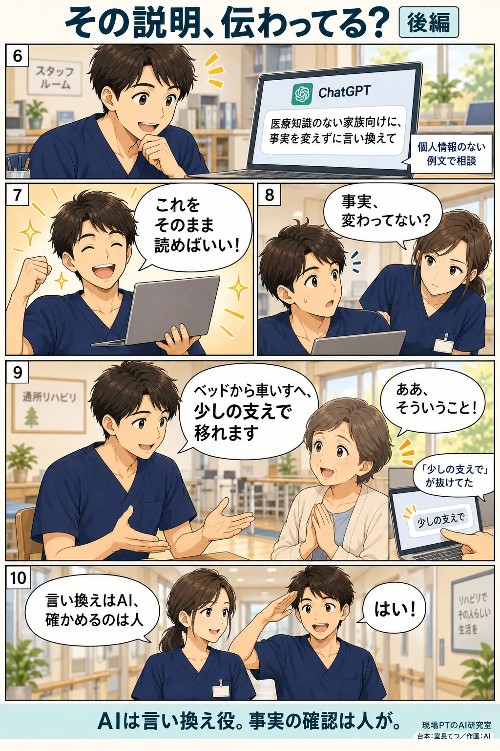 後編。ChatGPTに「医療知識のない家族向けに、事実を変えずに言い換えて」と頼み、西さんの「事実、変わってない?」で見直してから家族に伝える