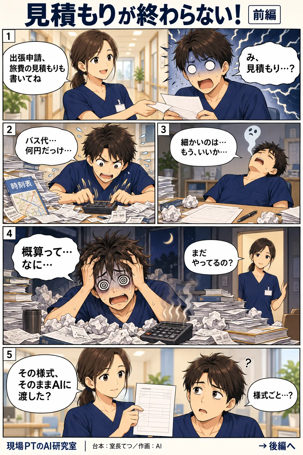 前編。出張申請の旅費見積もり欄を見て顔面蒼白のてつ。時刻表と路線図に埋もれて電卓を叩き、細かい交通費は諦め、深夜に紙の山の中で目を回す。西さん「その様式、そのままAIに渡した？」