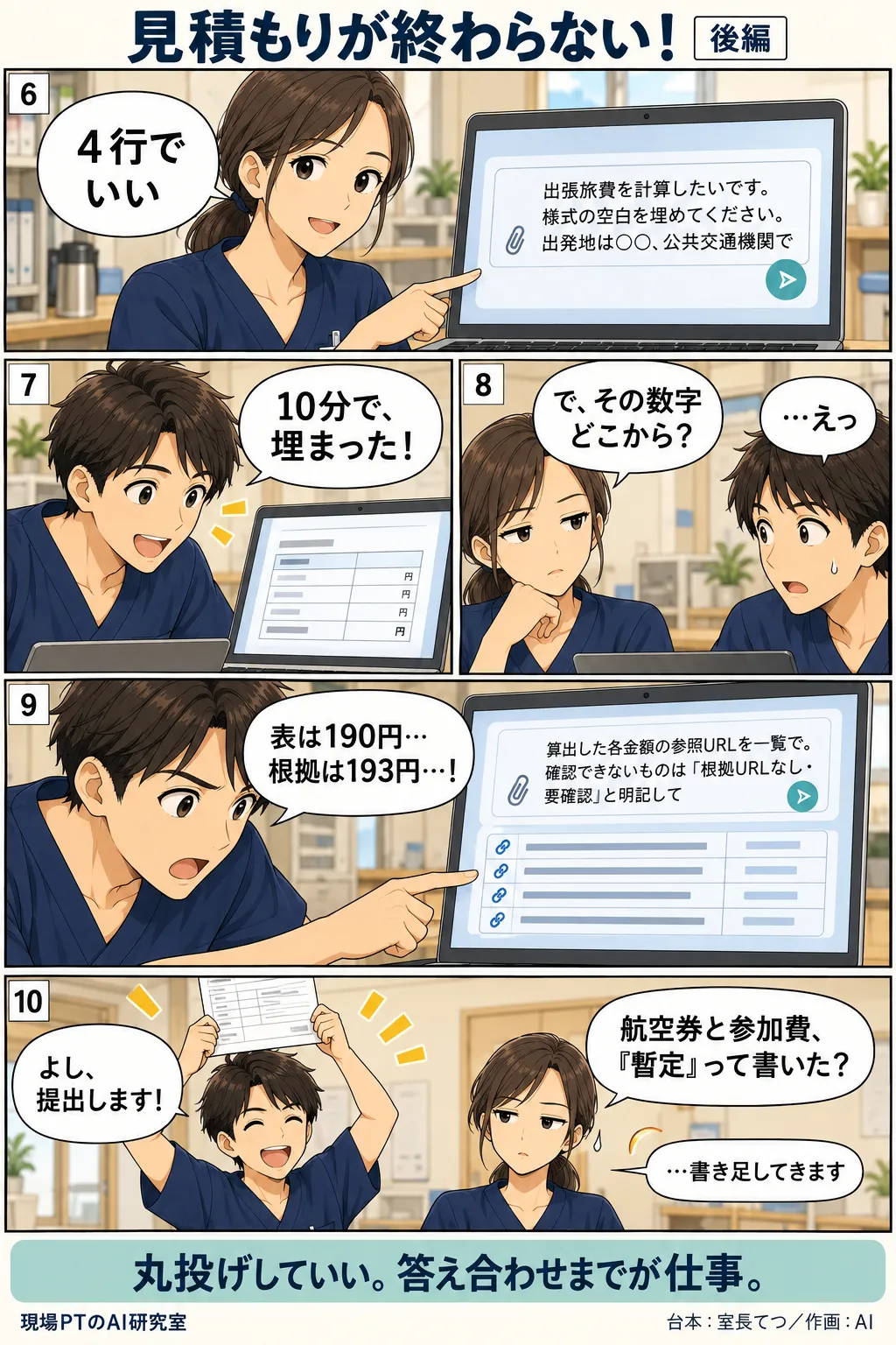 後編。様式を添付して4行頼むと10分で埋まる。西さんの「で、その数字どこから？」で固まり、根拠URLを一覧で出させると、表の190円と根拠の193円の食い違いを発見。提出前に西さん「航空券と参加費、『暫定』って書いた？」。締めは「丸投げしていい。答え合わせまでが仕事。」