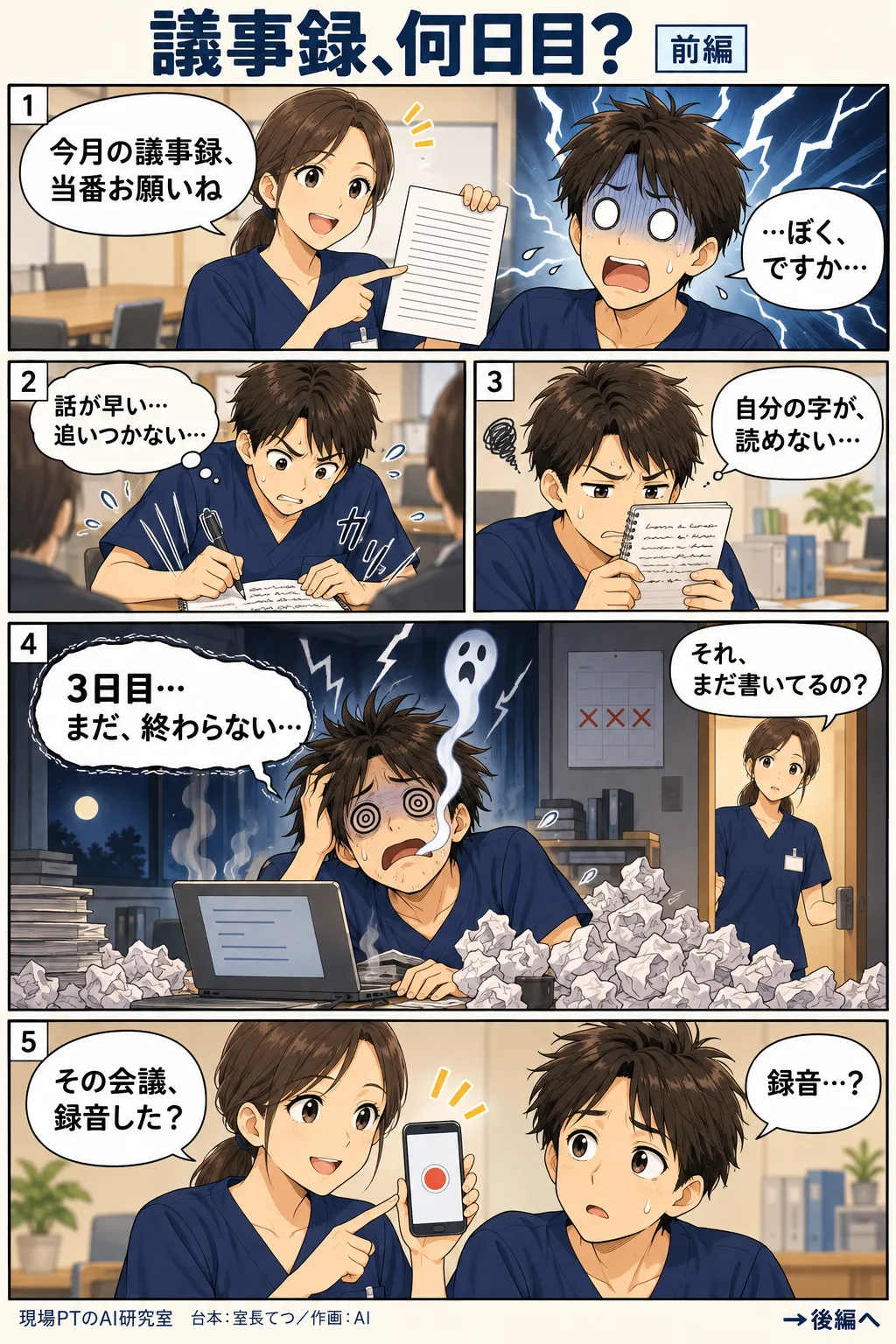 前編。委員会の議事録当番を押しつけられて顔面蒼白のてつ。会議中はメモが追いつかず、翌日は自分の字が読めない。3日目の深夜に紙の山で目を回す。西さん「その会議、録音した?」