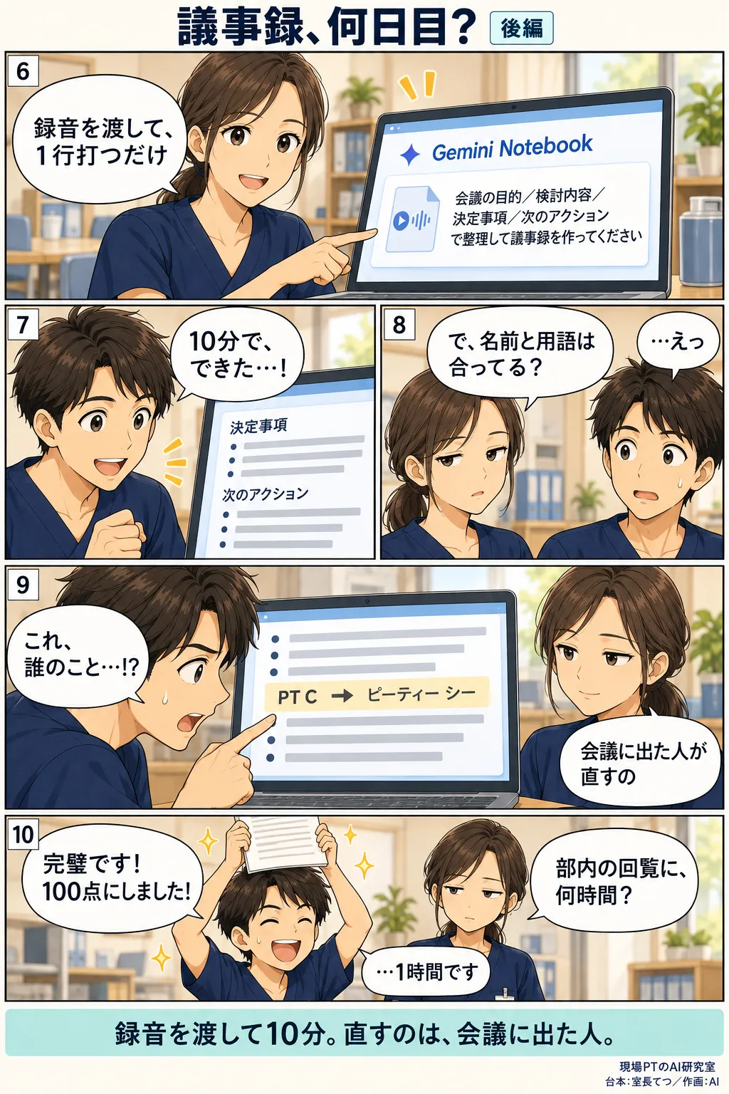 後編。録音をGemini Notebookに渡し、目的・検討内容・決定事項・次のアクションの4項目で頼むと10分で議事録ができる。西さんの「名前と用語は合ってる?」で誤変換が見つかり、会議に出ていた人が直すと教わる。締めは「録音を渡して10分。直すのは、会議に出た人。」