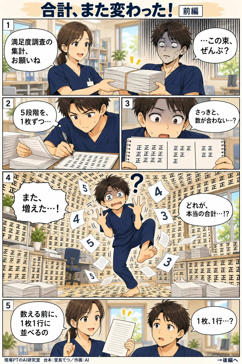 前編。満足度調査のアンケートの束を渡され、顔が石のように固まるてつ。正の字で数えるたびに合計が変わり、スタッフ室が正の字に埋め尽くされて指も足りなくなる。西さん「数える前に、1枚1行に並べるの」
