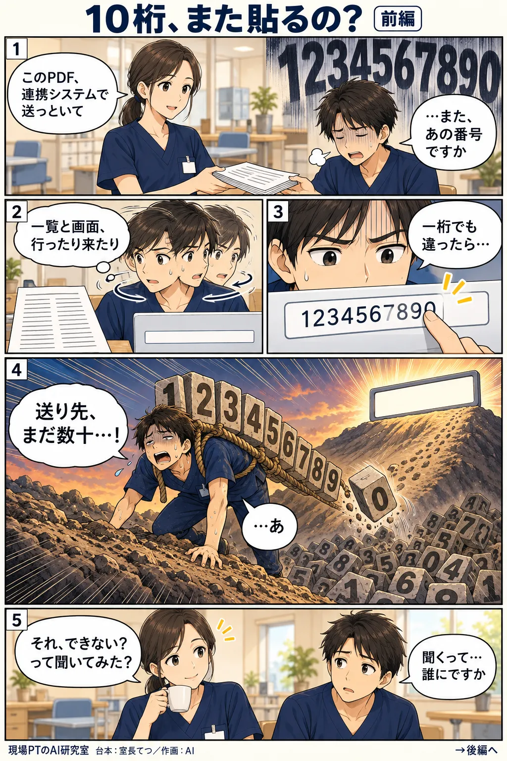 前編。連携システムでPDFを送るよう頼まれ、また10桁の番号かとげんなりするてつ。一覧と入力欄を往復し、数字のかたまりを担いで坂を登っては転がり落ちる。西さん「それ、できない？って聞いてみた？」