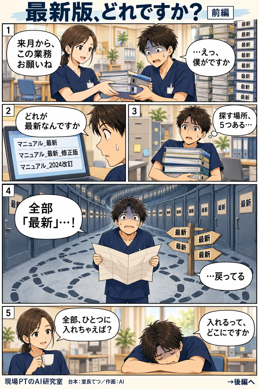 前編。来月からの業務を引き継ぐよう頼まれたてつ。共有フォルダには似た名前のファイルが並び、紙のバインダーや机上のメモに探す場所が散らばる。どの扉にも「最新」の札がかかった書庫をさまよい、西さん「全部、ひとつに入れちゃえば？」