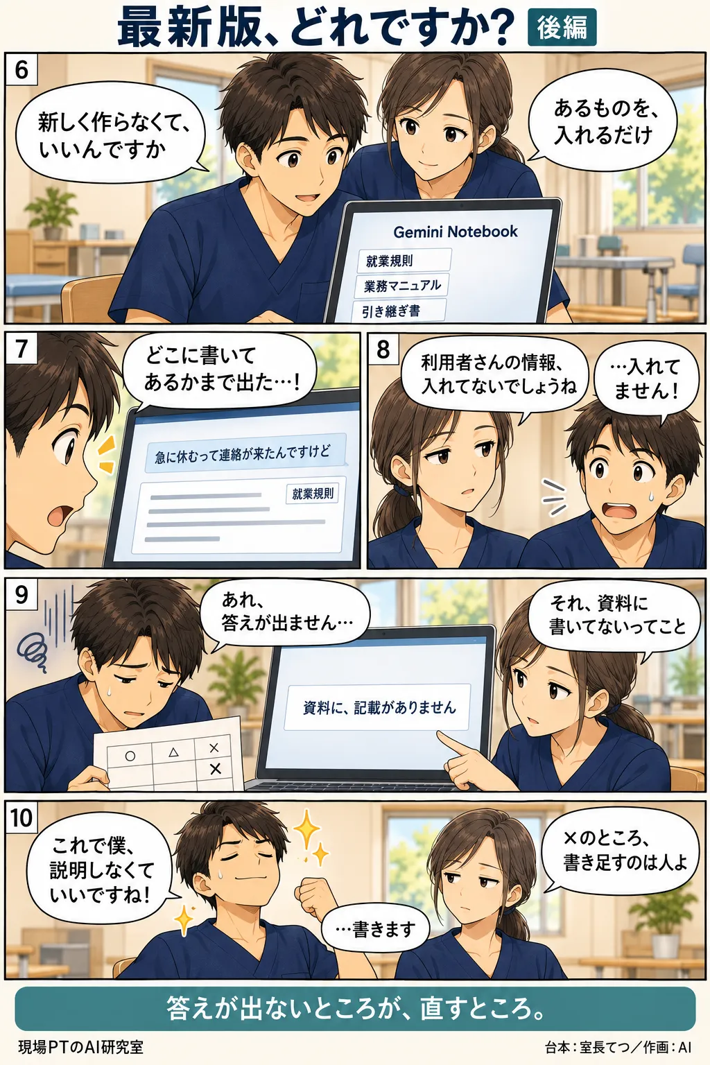 後編。すでにある就業規則・業務マニュアル・引き継ぎ書をまとめて入れ、現場の言い方のまま質問すると、どの資料に書いてあるかまで返ってくる。別の質問では答えが出ず、西さん「それ、資料に書いてないってこと」。締めは「答えが出ないところが、直すところ。」