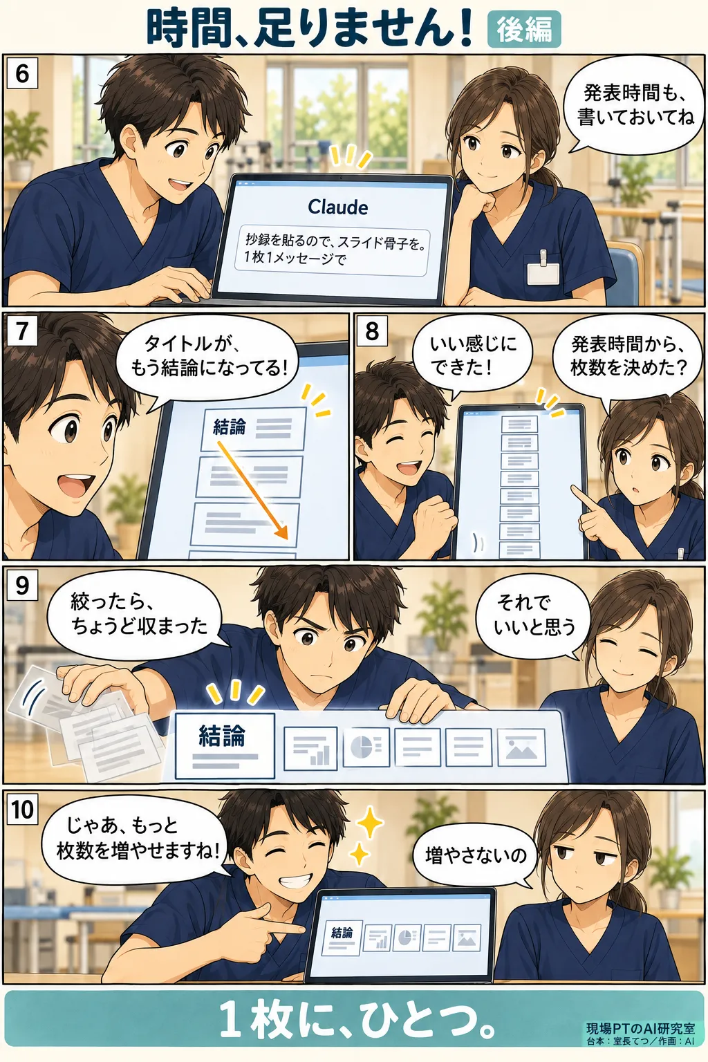 後編。AI(Claude)に「1枚1メッセージで」骨子を作らせるてつ。タイトルが結論の形になって喜ぶが、枚数が増えすぎてしまう。西さんの「発表時間から、枚数を決めた?」で、てつが不要なスライドを絞り込む。締めは「1枚に、ひとつ。」