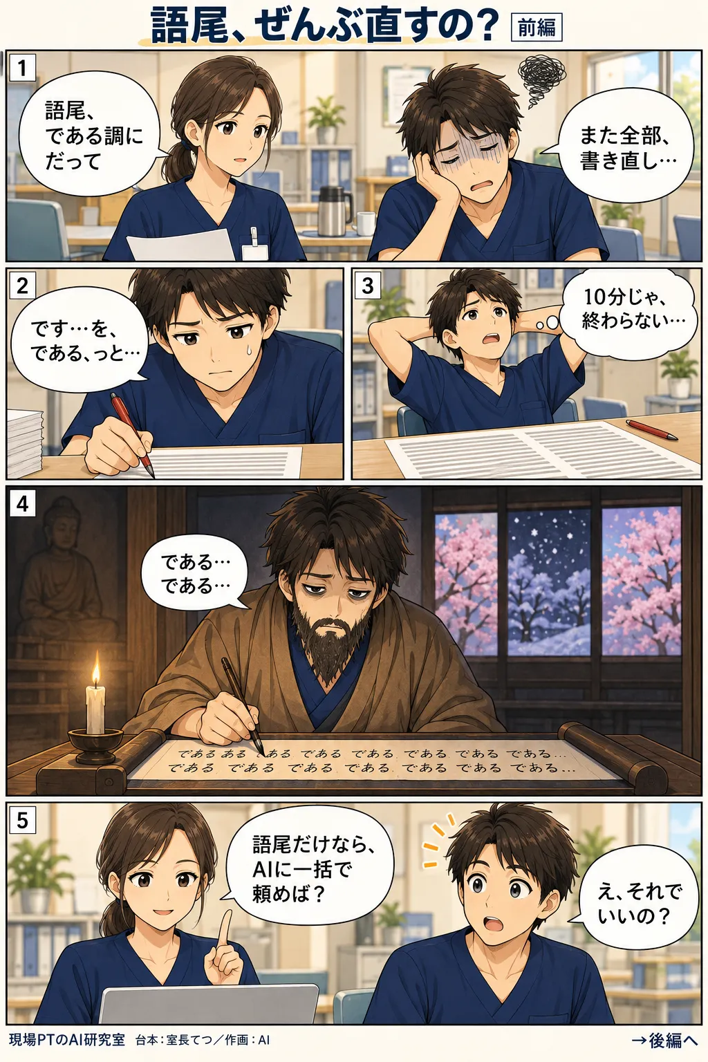 前編。上司から「語尾をである調に統一して」と言われ、げんなりするてつ。1行ずつ赤ペンで直すが終わらず、心象では山寺の修行僧になって「である」を延々と書き続ける。西さん「語尾だけなら、AIに一括で頼めば？」