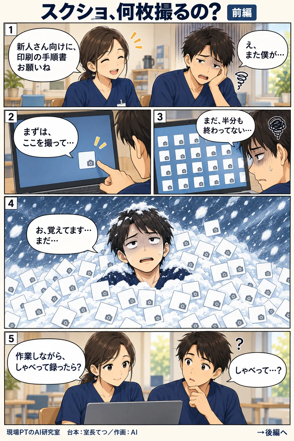 前編。新人さん向けの手順書づくりを頼まれてげんなりするてつ。画面操作を1つずつスクショしていくが、いつまでも終わらない。心象では、スクショのカードが雪崩のように押し寄せ、てつが雪だるまのように埋もれてしまう。西さん「作業しながら、しゃべって録ったら？」