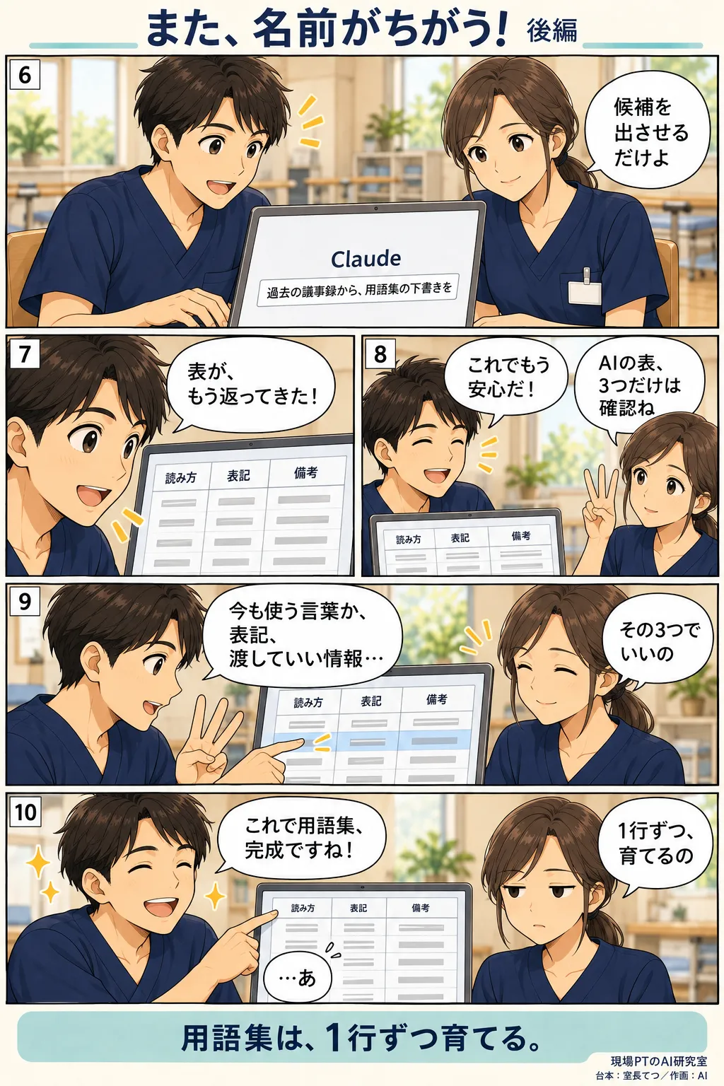 後編。AI（Claude）に過去の議事録を渡して用語集の下書きをさせるてつ。「読み方／表記／備考」の表がすぐ返ってくるが、西さんは「AIの表、3つだけは確認ね」と釘を刺す。てつが「これで完成ですね！」と早とちりすると、西さんは「1行ずつ、育てるの」