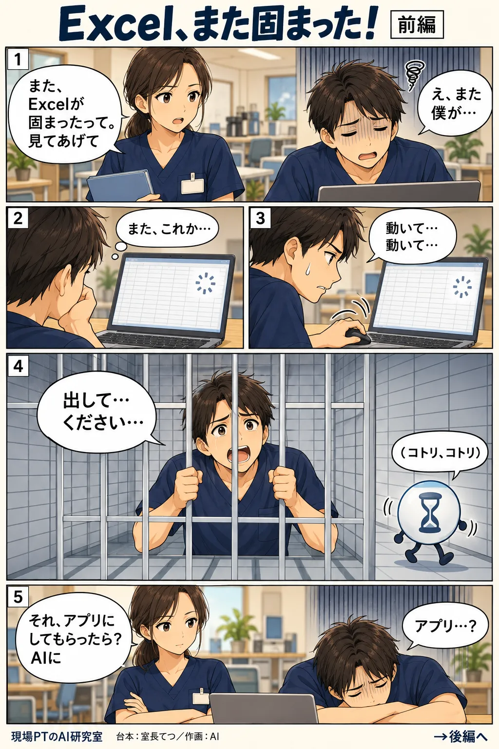 前編。マクロ付きExcelの報告書がまた固まって、押しつけられげんなりするてつ。動かない画面に汗をかき、心象では罫線が牢屋の鉄格子になって閉じ込められる。処理中の砂時計が看守のように巡回する。西さん「それ、アプリにしてもらったら？AIに」